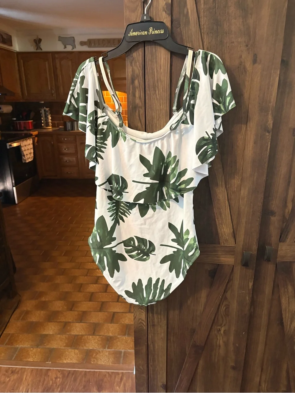 White One-Piece Swimsuit with Green Tropical Leaf Print